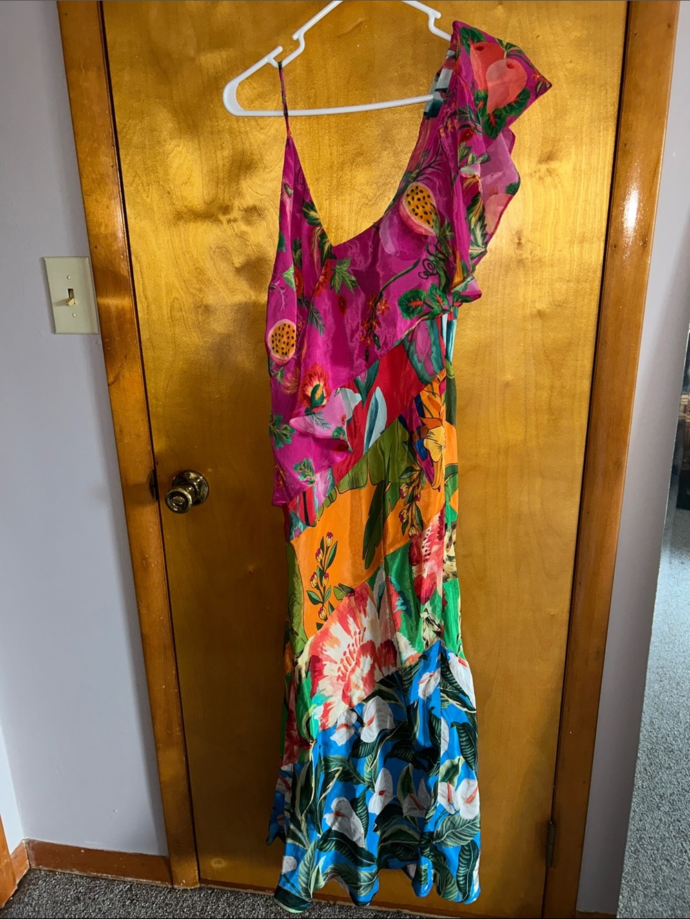 FARM Rio Pink One-Shoulder Tropical Maxi Dress with Green, Orange & Blue Accents